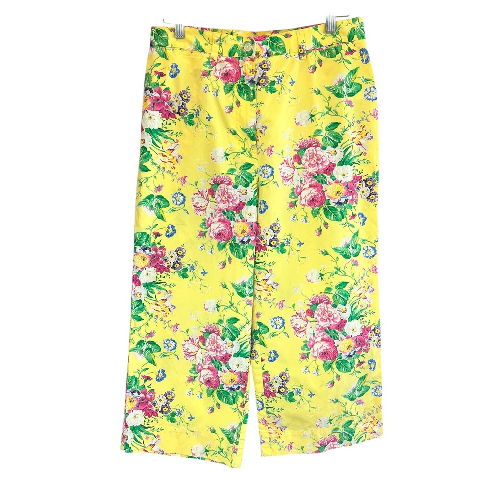 Lauren Ralph Lauren Vintage Yellow Floral Cotton Wide Leg Pants 10 Rose Print